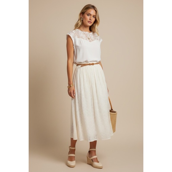 MISSLOOK Tops - Misslook White Lace Size XL Crochet Trim Cap Sleeve Blouse Tops Boho